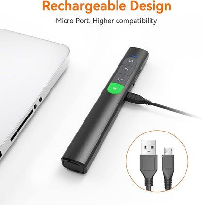 Wireless Presentation Clicker PowerPoint Presenter Remote: Rechargeable Green Laser Pointer Clickers for Computer/Mac/PPT/Slideshow/Google Slide Advancer