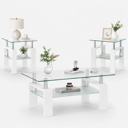 3-Piece Coffee Table Set, Glass Coffee Table with 2 End Tables