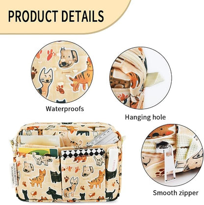 E-WEICHEN Multiple Pockets Portfolio Organizer with Zippered, Makeup Bag Travel Essentials for Women, Simple Waterproof Stationery Pencil Pouch Bag for Journal Office Art Supplies.Beige Dog