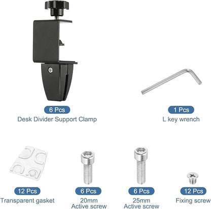 PATIKIL 6 Pcs 1/8" to 1/2" Adjustable Desk Divider Partition Clips, Aluminum Sneeze Guard Support Clamps Desktop Divider Clips for Offices Stores, Counter Privacy Panel,Black