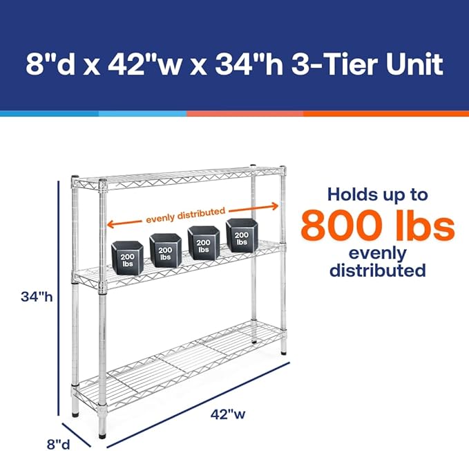 Shelving Inc. 8" d x 42" w Chrome Wire Shelving with 3 Tier Shelves, Weight Capacity 800lbs Per Shelf