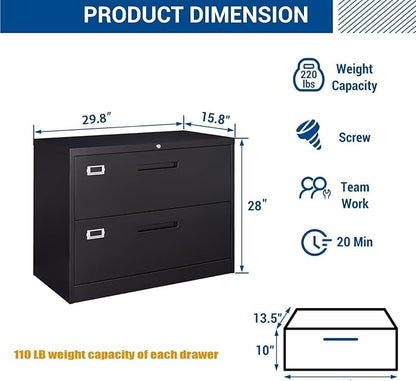 Fesbos Lateral File Cabinet with Lock, 2 Drawer Large Metal Filing Cabinet,Home Office Lockable Storage Cabinet for Hanging Files Letter/Legal/F4/A4 Size-Assembly Required