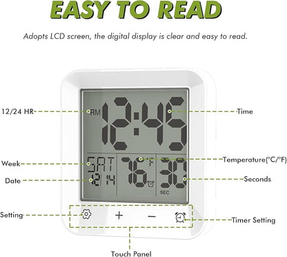 Wisoee Digital Shower Clock Waterproof, Bathroom Wall Clock Timer with Touch Screen, Temperature, LCD Display, Suction Cup Hanging Hole Stand for Kids and Adults