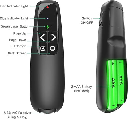 Clicker PowerPoint Presentation Wireless Presenter Remote, Green Laser Pointer for Computer Clickers, USB C A Project Power Point PPT Clicker for Mac Laptop Office, Slideshow Google Slide Advancer
