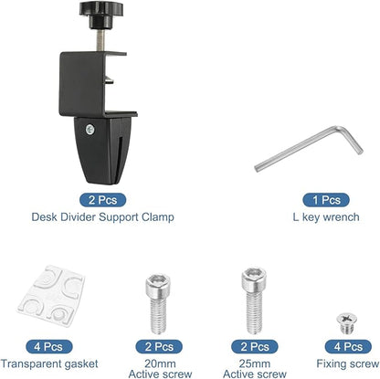 PATIKIL 2 Pcs 1/8" to 1/2" Adjustable Desk Divider Partition Clips, Aluminum Sneeze Guard Support Clamps Desktop Divider Clips for Offices Stores, Counter Privacy Panel,Black
