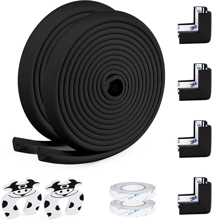 2 Pack Baby Proofing Edge and Corner Guards, (16.4ft Edge + 4 Corners) Safety Furniture Bumper, Baby Corner Protector for Fireplace, Table, Stair, Cabinet, 3M Adhesive, Black