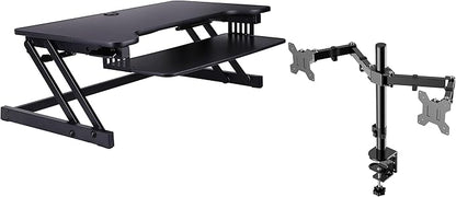 Rocelco 37.5" Deluxe Height Adjustable Standing Desk Converter with Dual Monitor Mount BUNDLE - Quick Sit Stand Up Computer Workstation Riser - Large Retractable Keyboard Tray - Black (R DADRB-DM2)