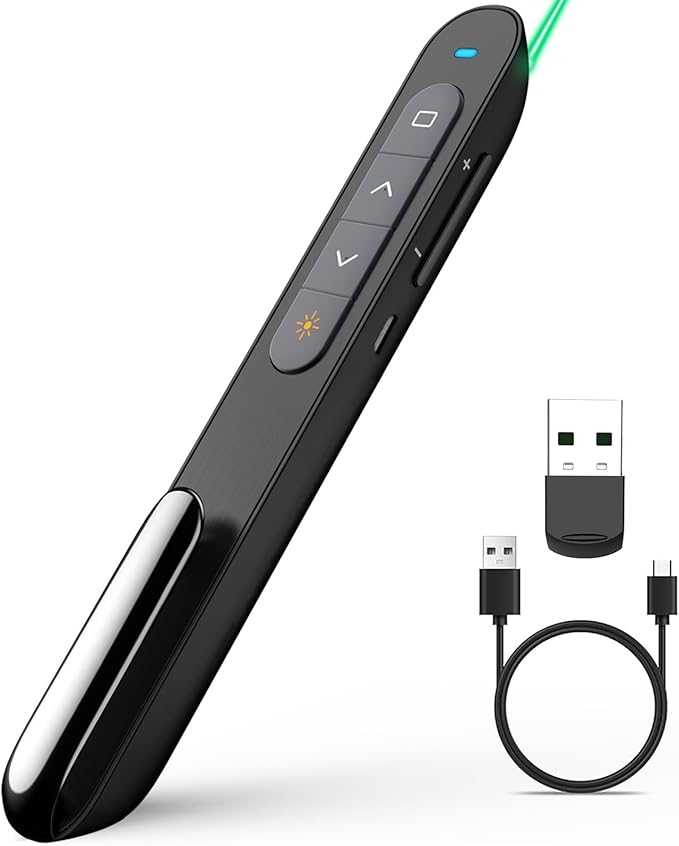 Norwii N76 Rechargeable Presentation clicker, Long Range Presentation Remote, Wireless Presenter, Pointer for PowerPoint Presentations, Slide Control - Green Light