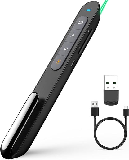 Norwii N76 Rechargeable Presentation clicker, Long Range Presentation Remote, Wireless Presenter, Pointer for PowerPoint Presentations, Slide Control - Green Light
