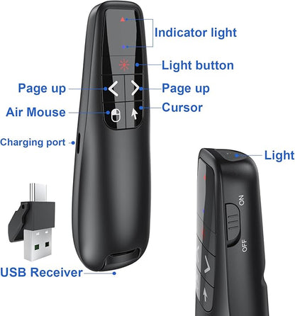 Presentation Clicker PowerPoint Wireless Presenter Remote: Type C Rechargeable Auto Air Mouse Clickers with Red Laser Pointer for Computer Project Mac Slideshow PPT Google Slide Advancer