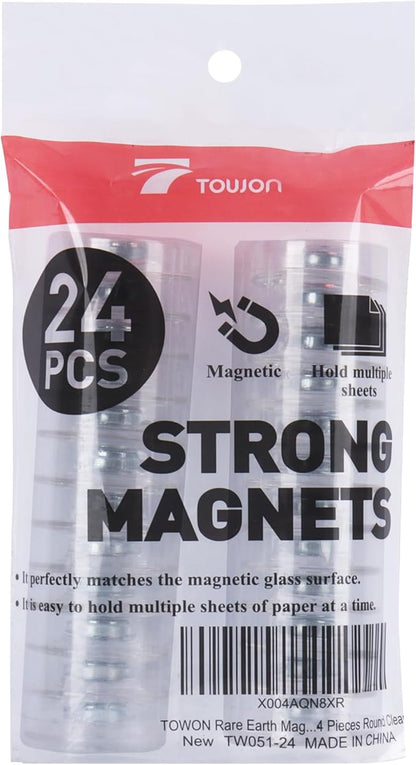 TOWON Rare Earth Magnets Large, Strong Magnets for Glass Whiteboard and Dry Erase Board, 24 Pieces Round Clear