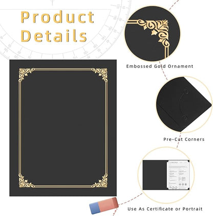 HAUTOCO 50 Pcs Certificate Holders, Black Diploma Folders Document Covers with Gold Foil Border for Letter Size 8.5x11 Cardstock, Award, Graduation