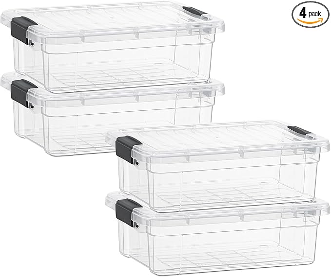 Superio Clear Storage Bins with Lids, Stackable Storage Box with Latches and Handles, Extra Small, 4 Pack 2 Quart