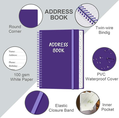 Address Book with Alphabetical Tabs - A5 Telephone & Address Book with Address Contacts, Special Date, Phone, Birthday & Internet Login Password for Home and Office, 6.2" x 8.5", Purple