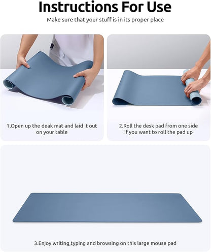 YSAGi Leather Desk Protector, Office Mat, Large Mouse Mat, Non-Slip PU Leather Blotter, Laptop Desk Pad, Waterproof Writing Pad for Office and Home (Blue, 35.4" x 17")