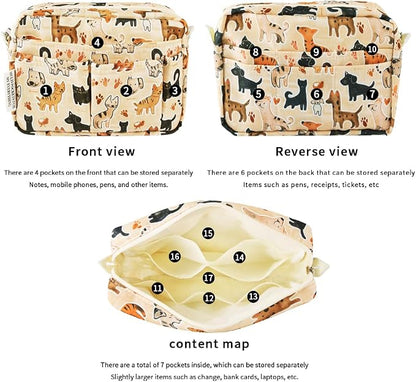 E-WEICHEN Multiple Pockets Portfolio Organizer with Zippered, Makeup Bag Travel Essentials for Women, Simple Waterproof Stationery Pencil Pouch Bag for Journal Office Art Supplies.Beige Dog