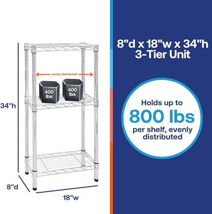 Shelving Inc. 8" d x 18" w Chrome Wire Shelving with 3 Tier Shelves, Weight Capacity 800lbs Per Shelf