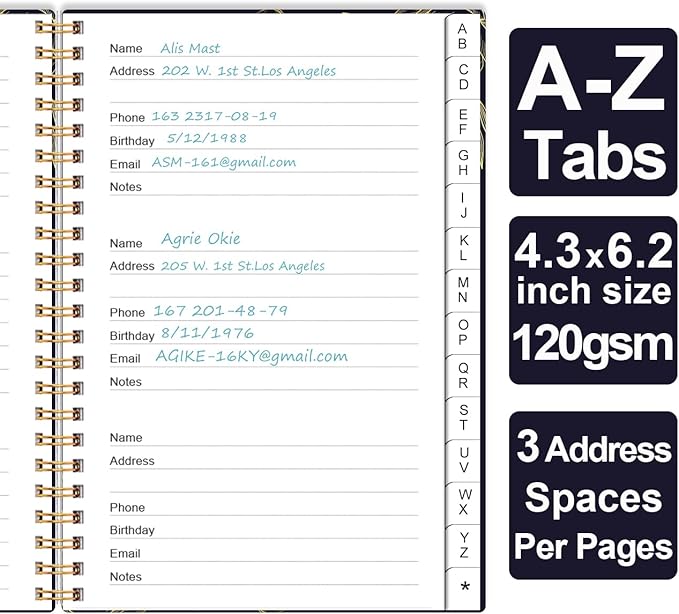 Address Book with Alphabetical Tabs - Small Address Book Spiral with Address Contacts, Special Date, Phone, Birthday & Internet Login Password for Home and Office, 4.3" x 6.2", Black Flower