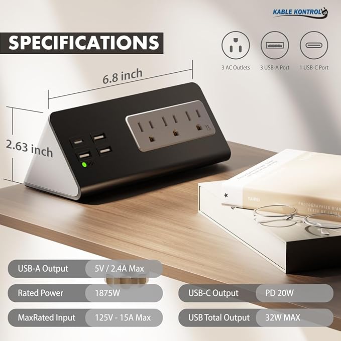 Kable Kontrol Desk Clamp Power Strip with USB-C Port, Nightstand Charging Station, 3 AC Outlets, 3 USB-A Ports, Fast Charger, Easy Installation for Home, Offices, Hotels – 4.9 Ft, White, 200 Pcs