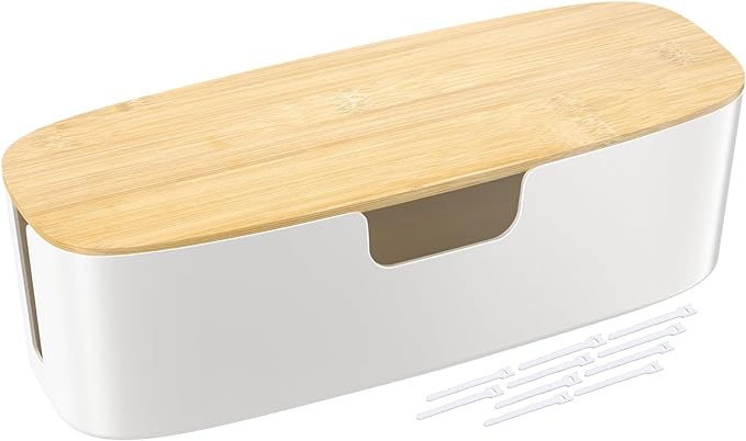 Large Cable Management Box - Cord Organize Box with Bamboo lid for Safe Home & Office, Cord Hider for Power Strip Under Desk, Cover TV Wires, Child & Pet Proof Cord Box, White