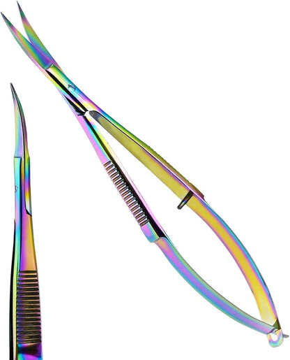 Cross Edge Curved Spring Scissors 5 Inch Stainless Steel Precision Eyebrow & Eyelash Shaping & Trimming Scissor, Snips Squeeze, Embroidery, Knitting Micro Tip Craft Scissors (Rainbow)