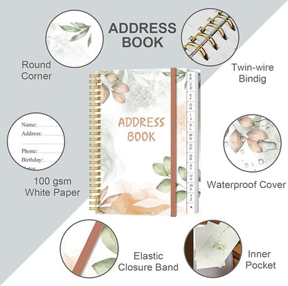 Address Book with Alphabetical Tabs - Small Address Book Spiral with Address Contacts, Special Date, Phone, Birthday & Internet Login Password for Home and Office, 4.3" x 6.2", Rose Leaf