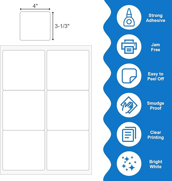 BESTEASY 3 1/3" x 4" Labels Shipping Labels for Laser Inkjet Printers, 6 Up Self Adhesive FBA Address Labels, White Matte Mailing Label Stickers (2000 Sheets, 12000 Labels)