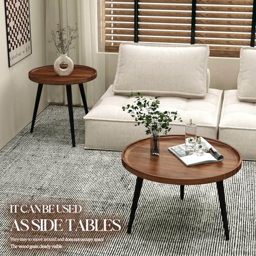 2 Pcs Small Modern Coffee Table Round,Mid Century Walnut Nesting Tables