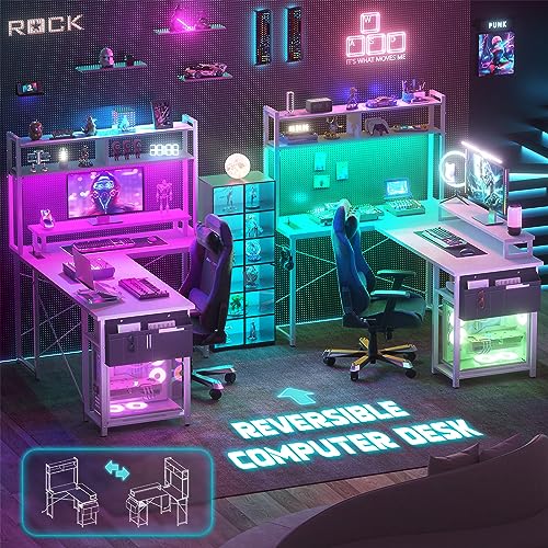 Small L Shaped Desk Gaming Desk with LED Lights & Power Outlets