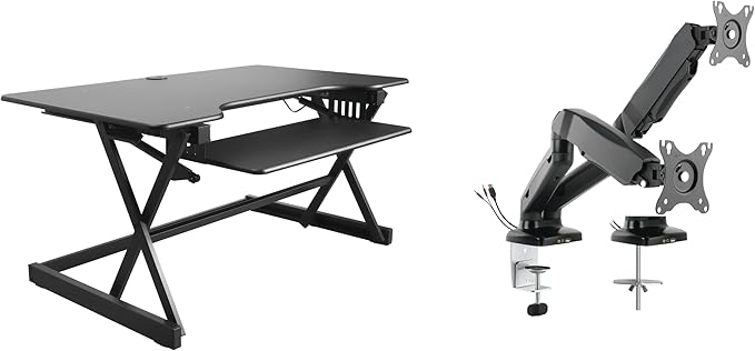 Rocelco 40" Height Adjustable Standing Desk Converter with AC Outlet USB Charger and Dual Monitor Arm Mount - Sit Stand Up Tabletop Riser - Sliding Keyboard Tray - Black (R DADRB-40-ACUSB-MA2)