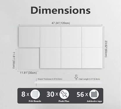 G Gamit Large Felt Wall Tiles Bulletin Board,Large Cork Board Alternative with 30 Pushpins,8-Pack Felt Pin Board with 56 Safe Removable Adhesive Tabs for Home Office School (White)