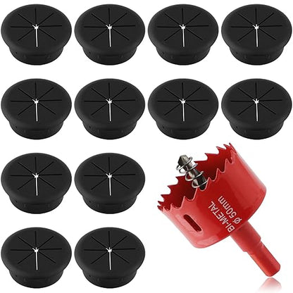 2 Inch(50mm) Desk Grommet,12 Pieces Wire Grommet, Desk Hole Cover for Cables with Hole Saw,Plastic Cable Cord Wire Hole Cover for Desk, Table,Cabinet,Countertop and Other Furniture(Black)