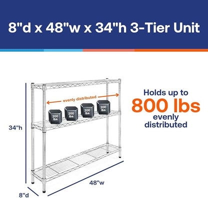 Shelving Inc. 8" d x 48" w Chrome Wire Shelving with 3 Tier Shelves, Weight Capacity 800lbs Per Shelf