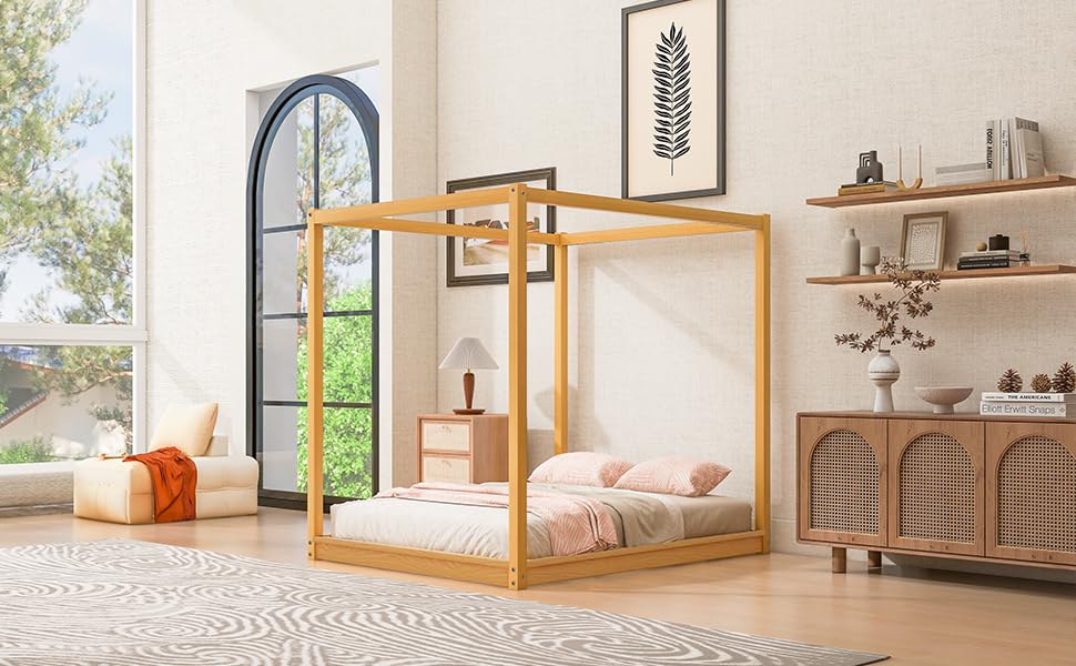 GDFStudio Queen Size Canopy Platform Bed with Support Legs, Solid Pine Wood and MDF Frame, Slat Support No Box Spring Needed, Modern Canopy Bed Frame, Natural