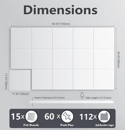 G Gamit Large Felt Wall Tiles Bulletin Board 59”x36”,Large Cork Board Alternative with 60 Pushpins,15 Pack Felt Pin Board with 112 Safe Removable Adhesive Tabs for Home Office School (White)