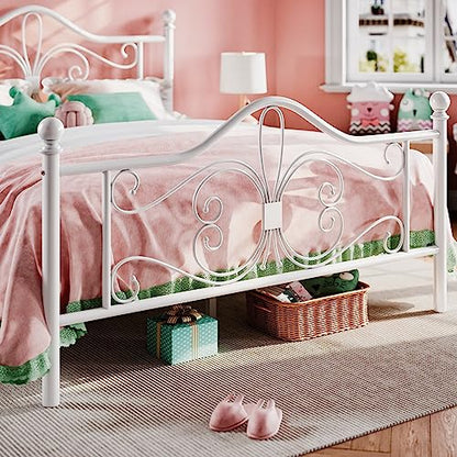 Full Size Metal Bed Frame with Butterfly Headboard, White