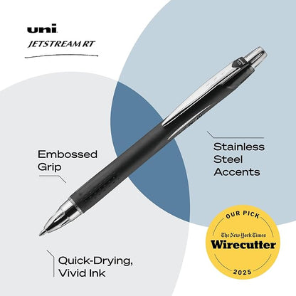 uniball™ Jetstream RT Ballpoint Pens, Black Ink, 0.7mm Fine Point, 12 Count | Retractable, Smooth Writing, Quick-Drying, Smear-Resistant, uni Super Ink™
