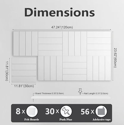 G Gamit Large Felt Wall Tiles Bulletin Board,Large Cork Board Alternative with 30 Pushpins,8-Pack Felt Pin Board with 56 Safe Removable Adhesive Tabs for Home Office School (White)