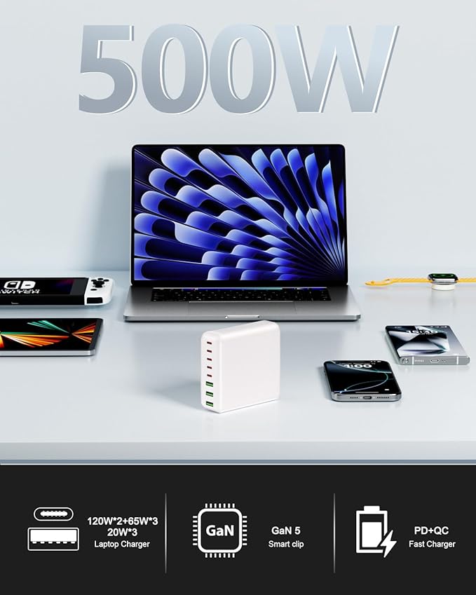 500W USB C Charger Block, 8-Port USB C Charging Station Fast Charging PD 120W PC Laptop Charger Adapter Compatible with MacBook Pro/Air/All iPad,DELL, iPhone 16/15/14/13/Pro Max/Galaxy