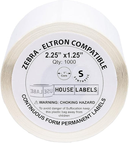HOUSELABELS 2.25" x 1.25" Address Labels on 1" Core in Polypropylene Compatible with Zebra and Rollo Printers, 6 Rolls / 1,000 Labels per Roll