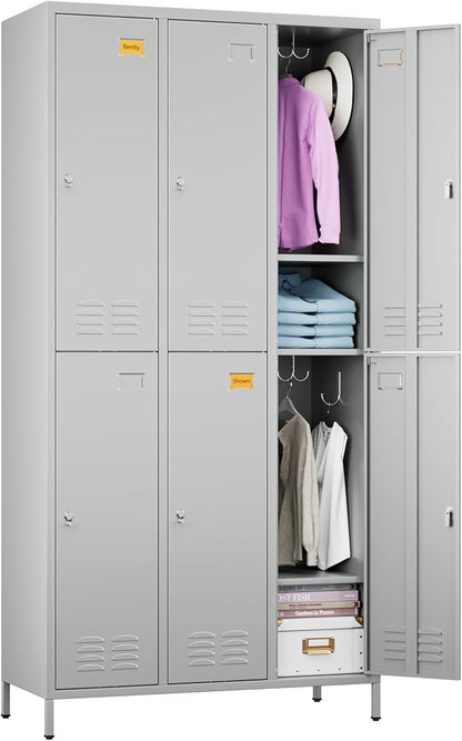 SUPEER 6 Doors Metal Locker Employee with Business Card Holder,Metal Locker for Employees with 18 Hooks for School Garage Office Gym Home,Assembly Required,Light Grey