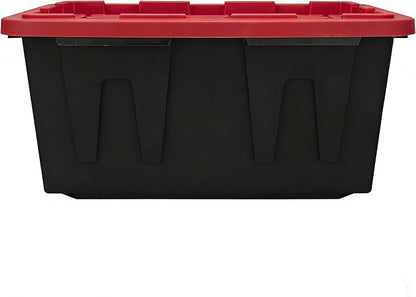 4-Pack Heavy Duty 27 Gallon Plastic Storage Bins with Lids - Stackable Large Storage Totes for Garage, Home Organization & Moving Supplies (Black Bases & Red Lids)