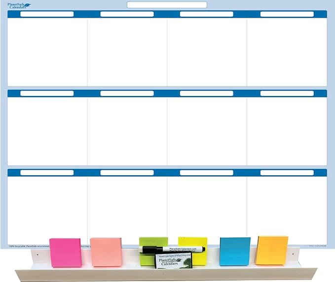 Sky Blue 12 Section Task, Objective and Goals Planning System Horizontal 18" Tall 24" Wide. Wall Tray, Dry-Erase Marker, Eraser and 600 Sticky-Notes