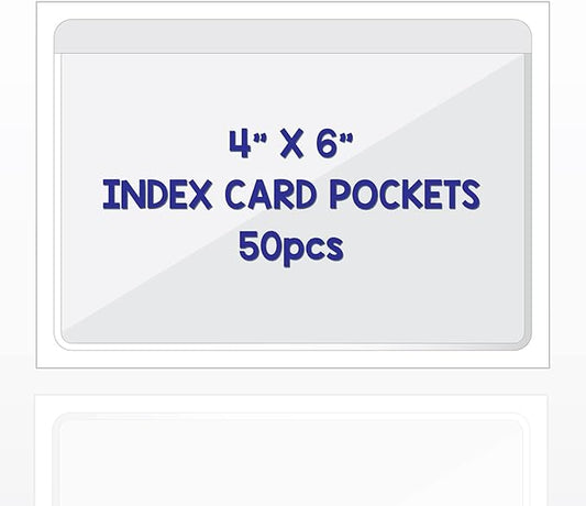 Clear Adhesive 4" x 6" Index Card Pockets with Top Open for Loading, 50 Pack, Plastic Labels Holders for Storage Bins and Library Card, Organizing and Protecting Your Index Cards or Photos