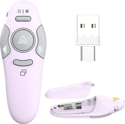 QUI Presentation Clicker Wireless Presenter Remote Clicker for PowerPoint Presentation Remote, PowerPoint Slide Advancer for Mac/Windows/Linux, Google Slide/PPT/Keynote, USB A&C, Purple