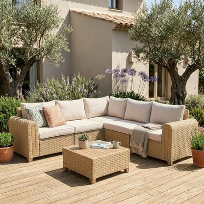 6-Piece Patio Wicker Modular Sectional Set with Acacia Wood Accents