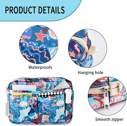 E-WEICHEN Multiple Pockets Portfolio Organizer with Zippered, Makeup Bag Travel Essentials for Women, Simple Waterproof Stationery Pencil Pouch Bag for Journal Office Art Supplies.Blue Jellyfish