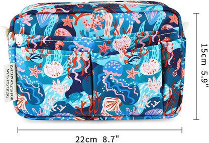 E-WEICHEN Multiple Pockets Portfolio Organizer with Zippered, Makeup Bag Travel Essentials for Women, Simple Waterproof Stationery Pencil Pouch Bag for Journal Office Art Supplies.Blue Jellyfish