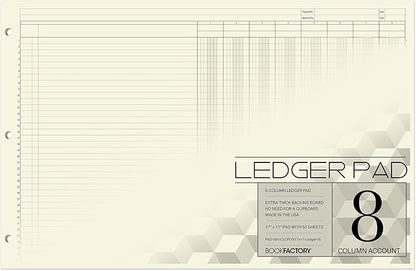 BookFactory Ledger Pad/Large 8 Column Accounting Ledger Columnar (Eight Columns) Pads - 17'' x 11'', 50 Pages, Notepad Landscape Format (Made in USA)