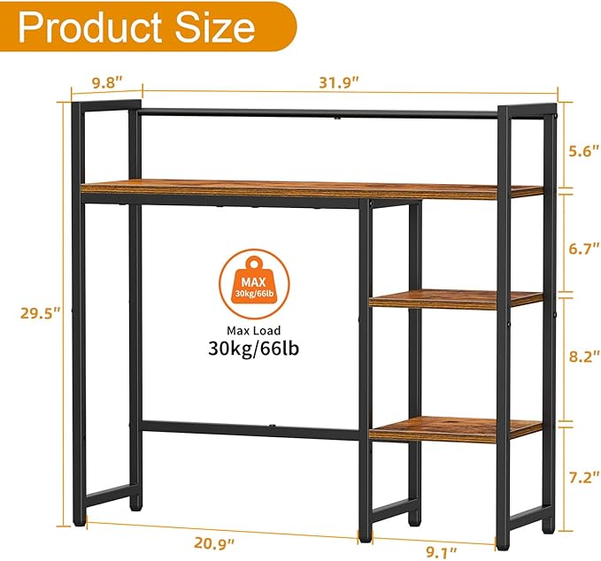 Snughome Desk Shelf, 31.9" Desktop Organizer Shelf, Desk Hutch for Computer Monitor, 4 Tier Desk Top Display Rack, Wood Desktop Bookshelf Storage Rack for Home Office Dorm, Rustic Brown